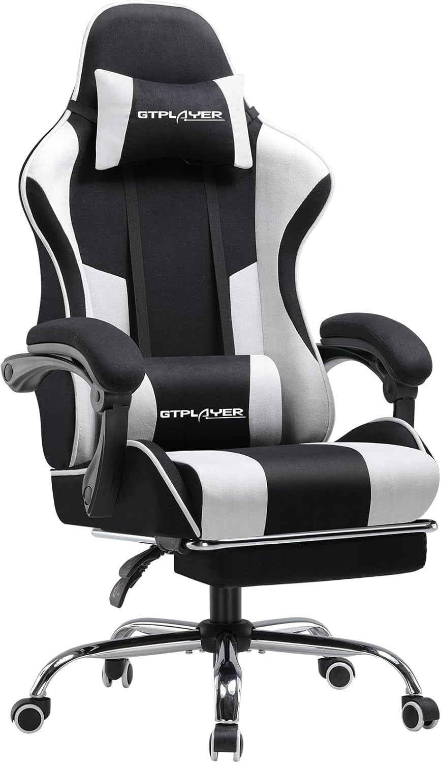 Fabric Gaming Chair w Massage Lumbar Footrest Reclining White