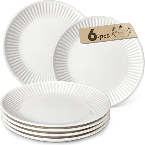 6 Piece White Porcelain Dinner Plates Set 26cm Embossed Chip Resistant