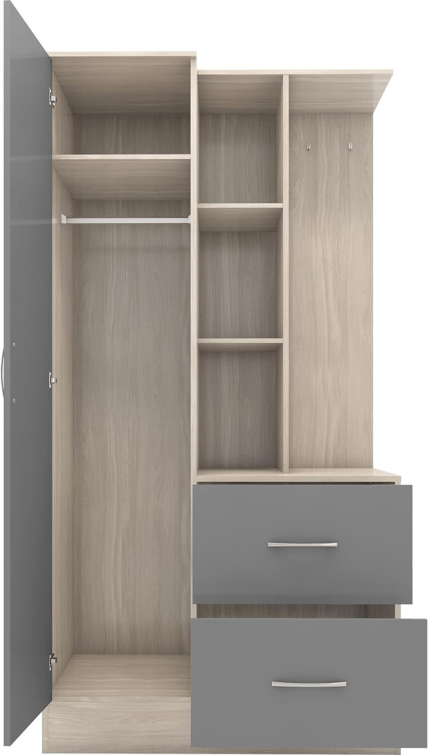 Grey Gloss Wardrobe with Mirror & Drawers Oak Effect Storage Unit