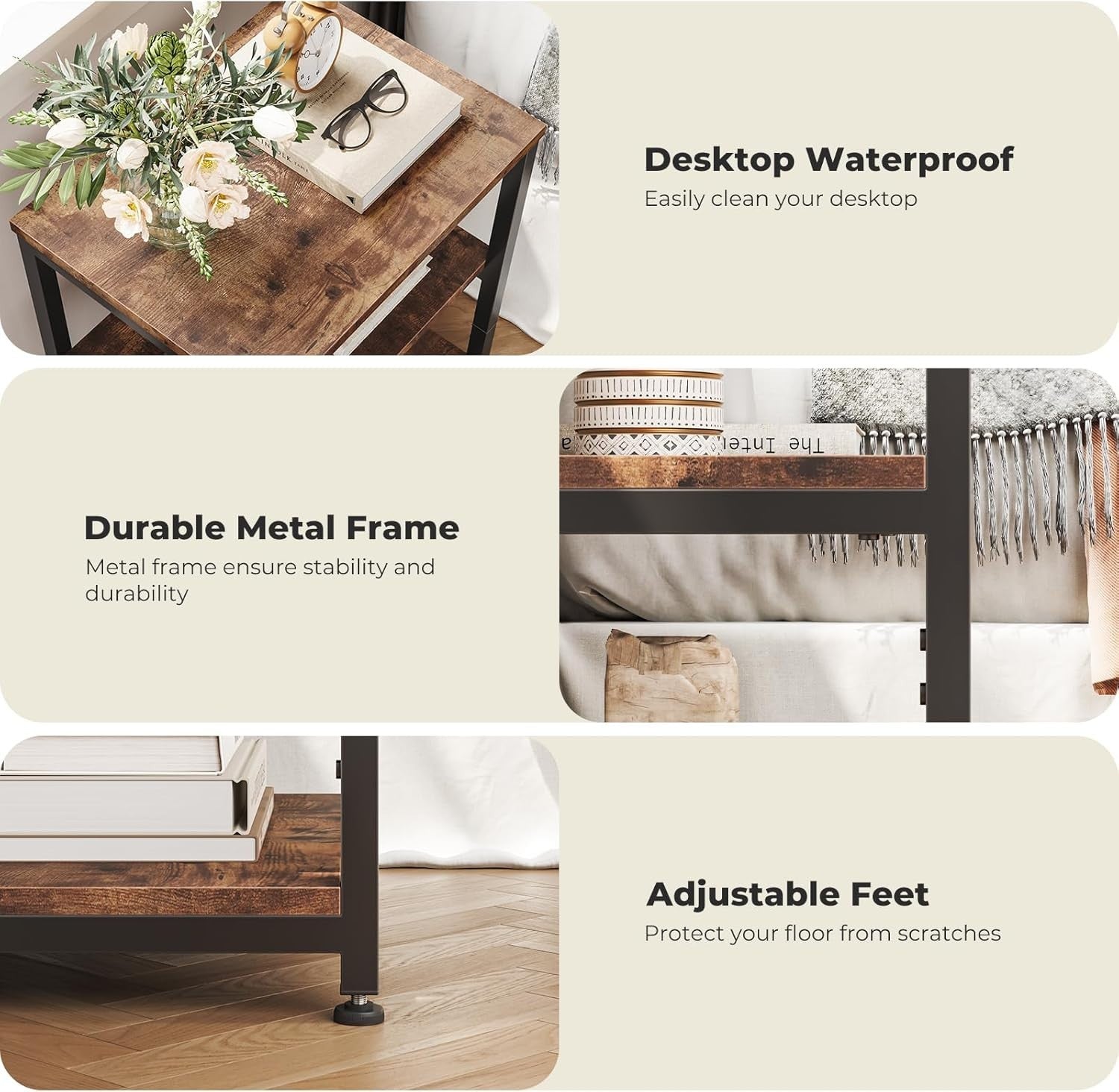Rustic 3-Tier Narrow Side Table with Storage – Slim Bedside or Sofa Table