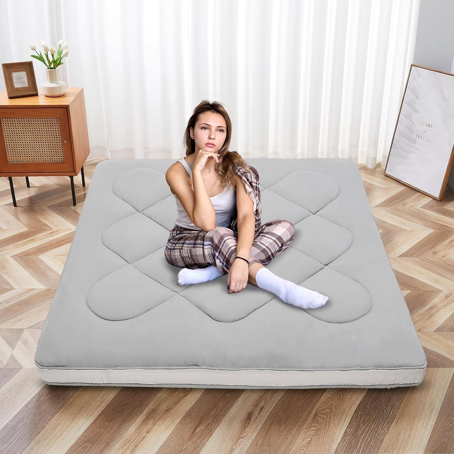 King Floor Futon Mattress Roll-Up Bed Tatami Camping Guest Foam Mat - Grey