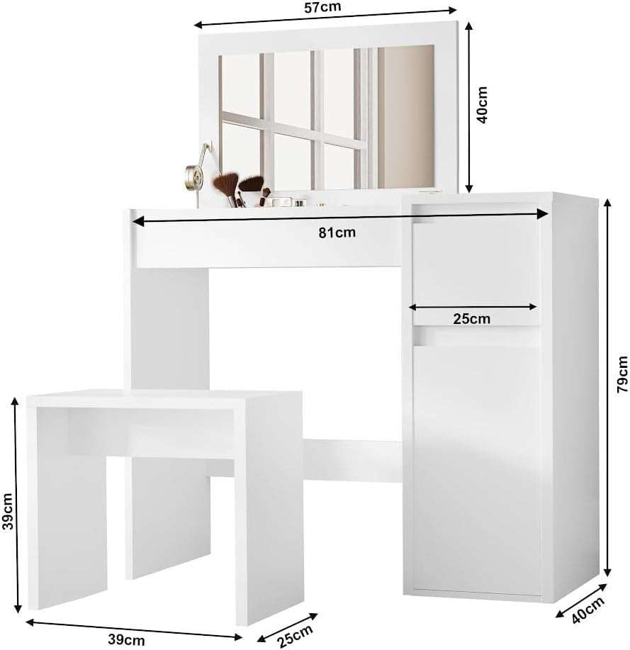 2-in-1 White Vanity Dressing Table Desk with Flip Mirror, Hidden Storage, Stool