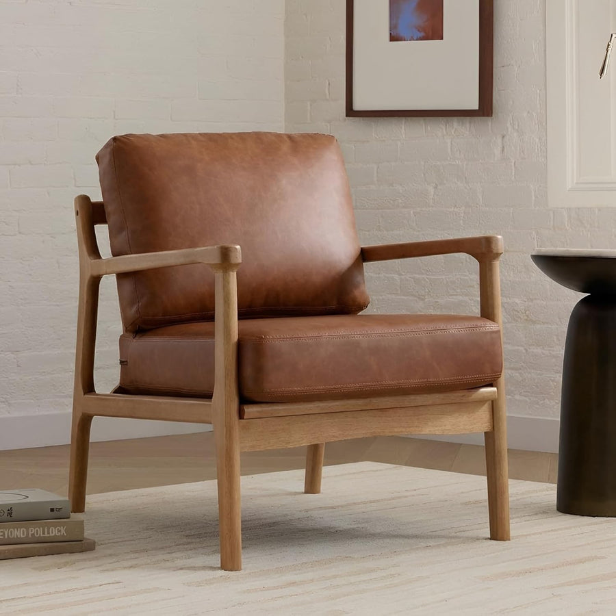 Brown PU Leather Accent Chair Retro Tub Armchair Wood Frame