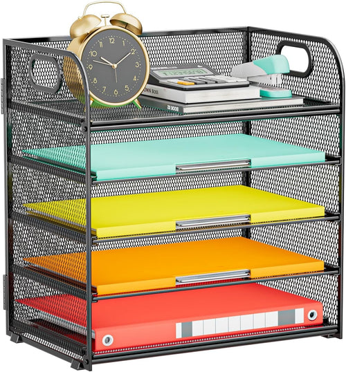 5-Tier Metal Desk Organizer | Letter/A4 File Tray Holder | Black Mesh