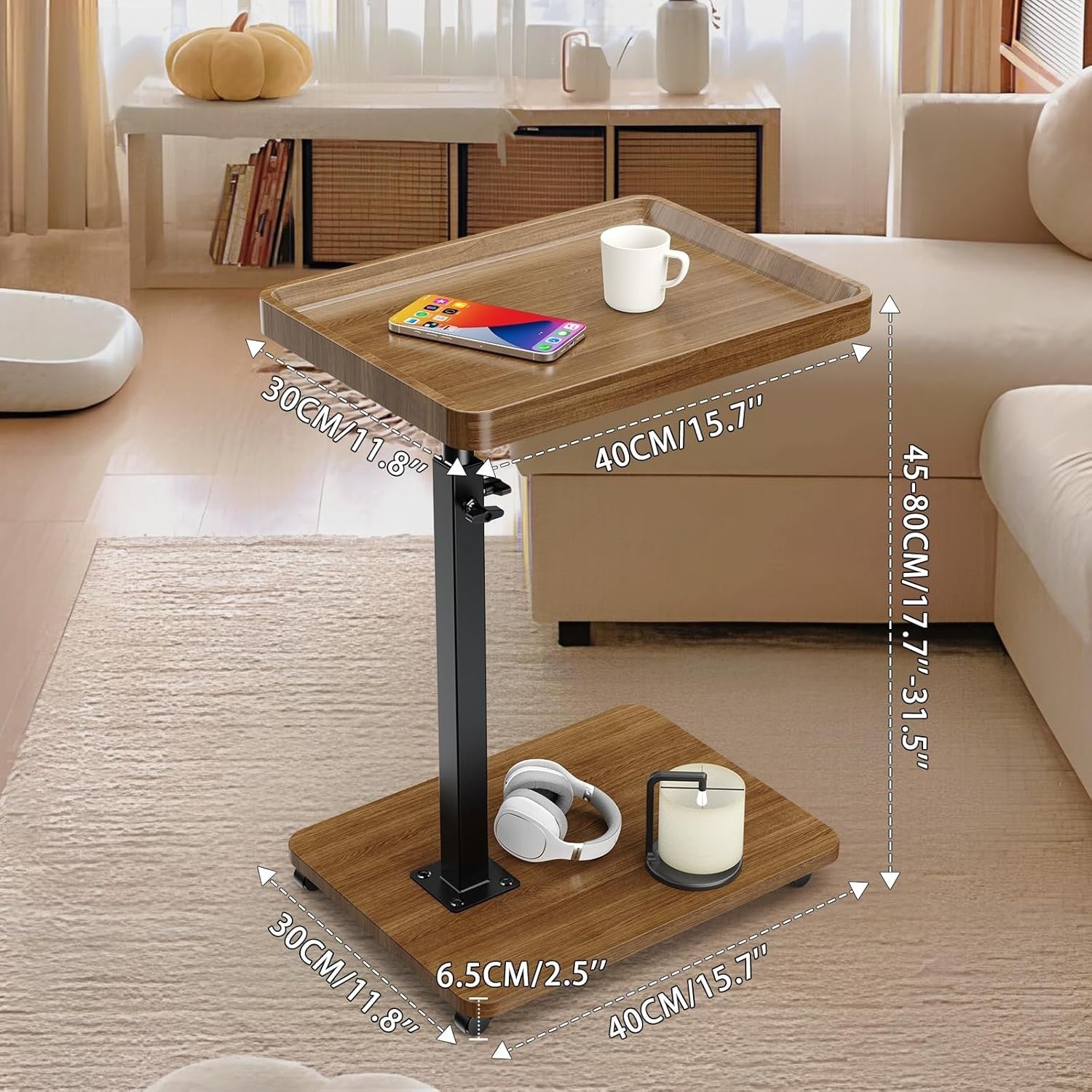 Adjustable C-Shaped Side Table with Wheels 360° Swivel Tray Walnut