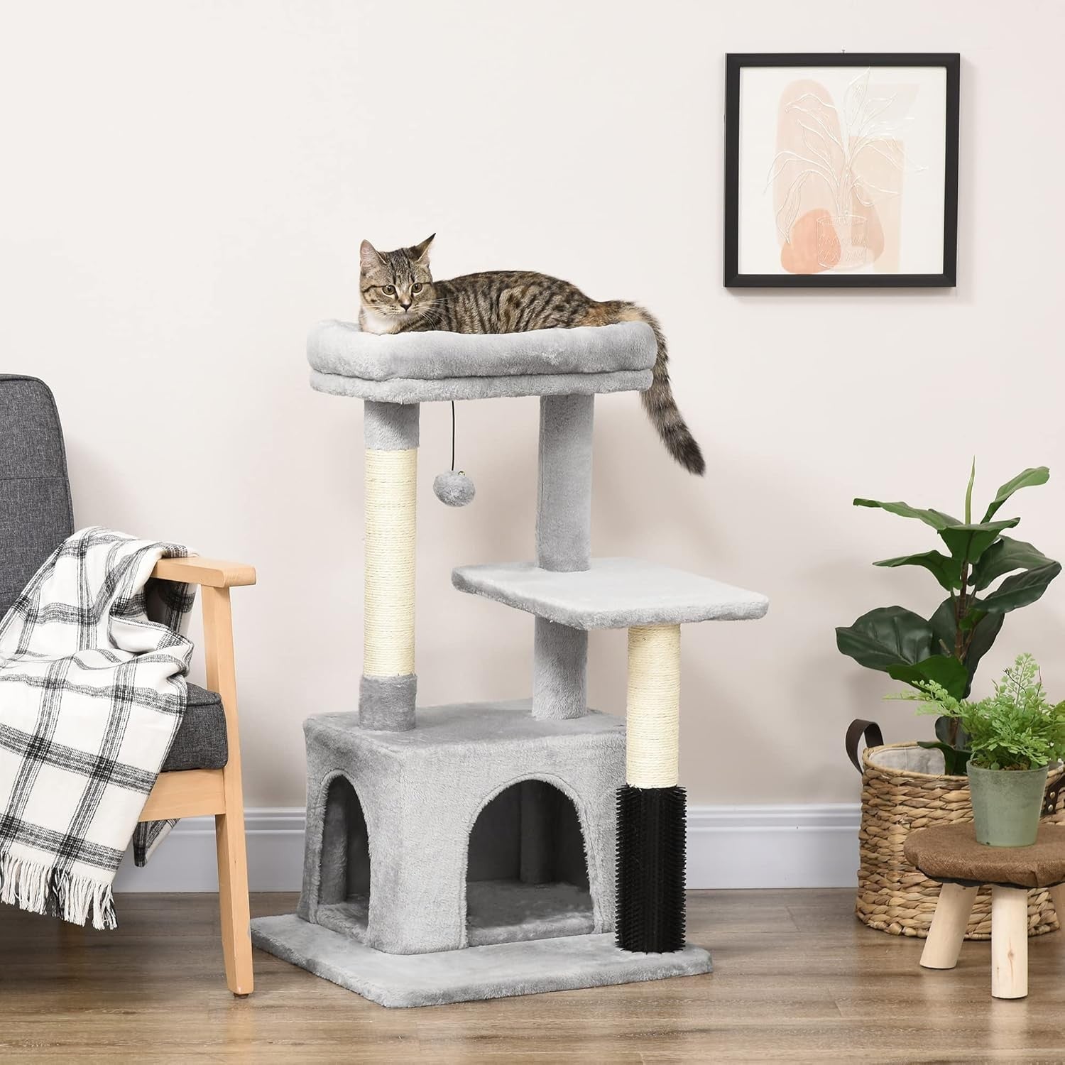 Cat Tree Tower for Indoor Cats with Condo Scratching Posts Hanging Toy Grey
