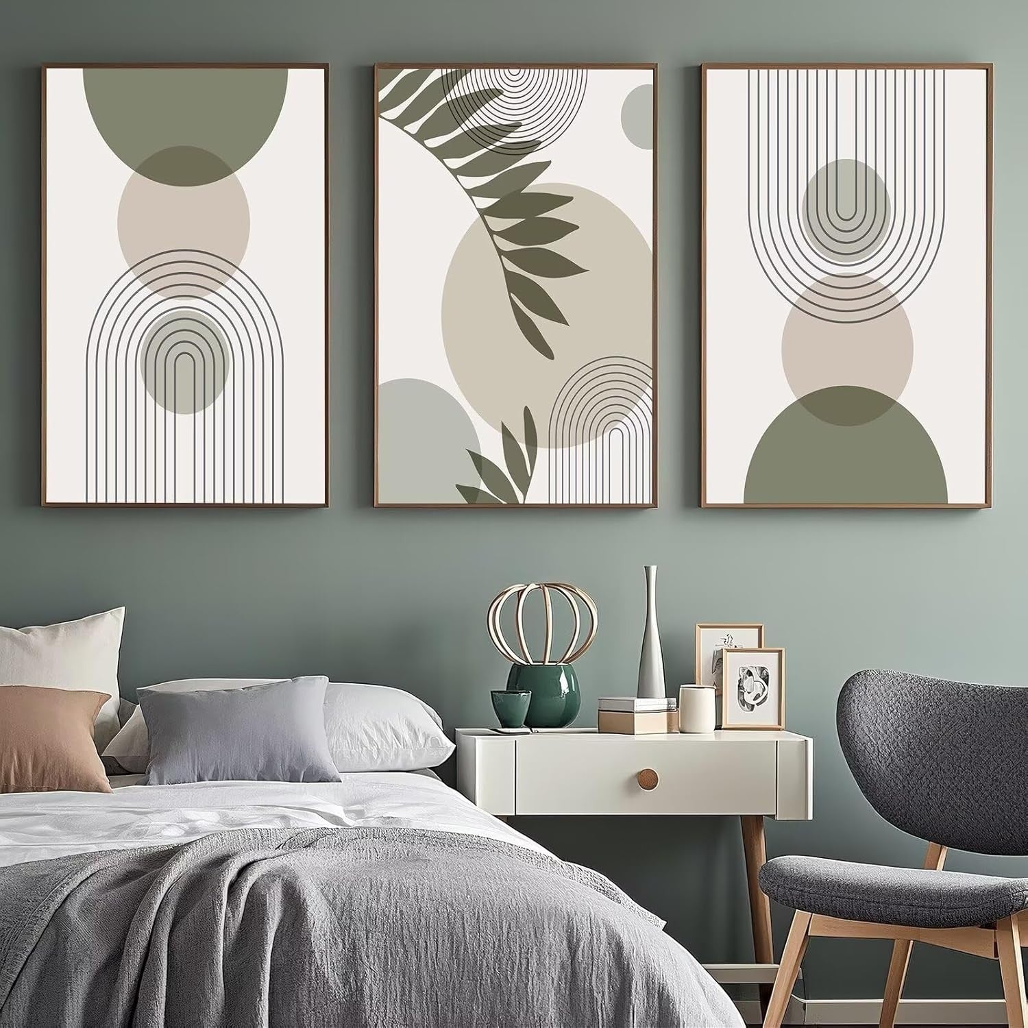 Sage Green Boho Wall Art Set of 3 Canvas Prints Modern Bedroom Decor
