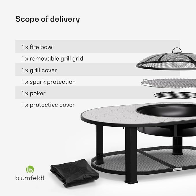3-in-1 Fire Pit BBQ Table Outdoor Terrazzo Design Heat Shield Spark Guard