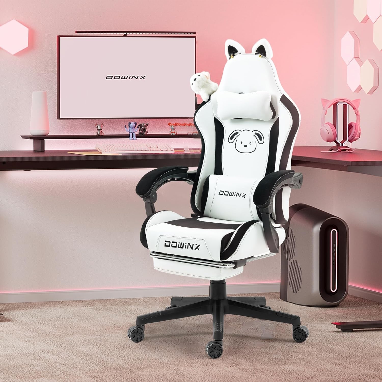 Cute Dog Ear Gaming Chair Massage Lumbar Footrest 290lbs White