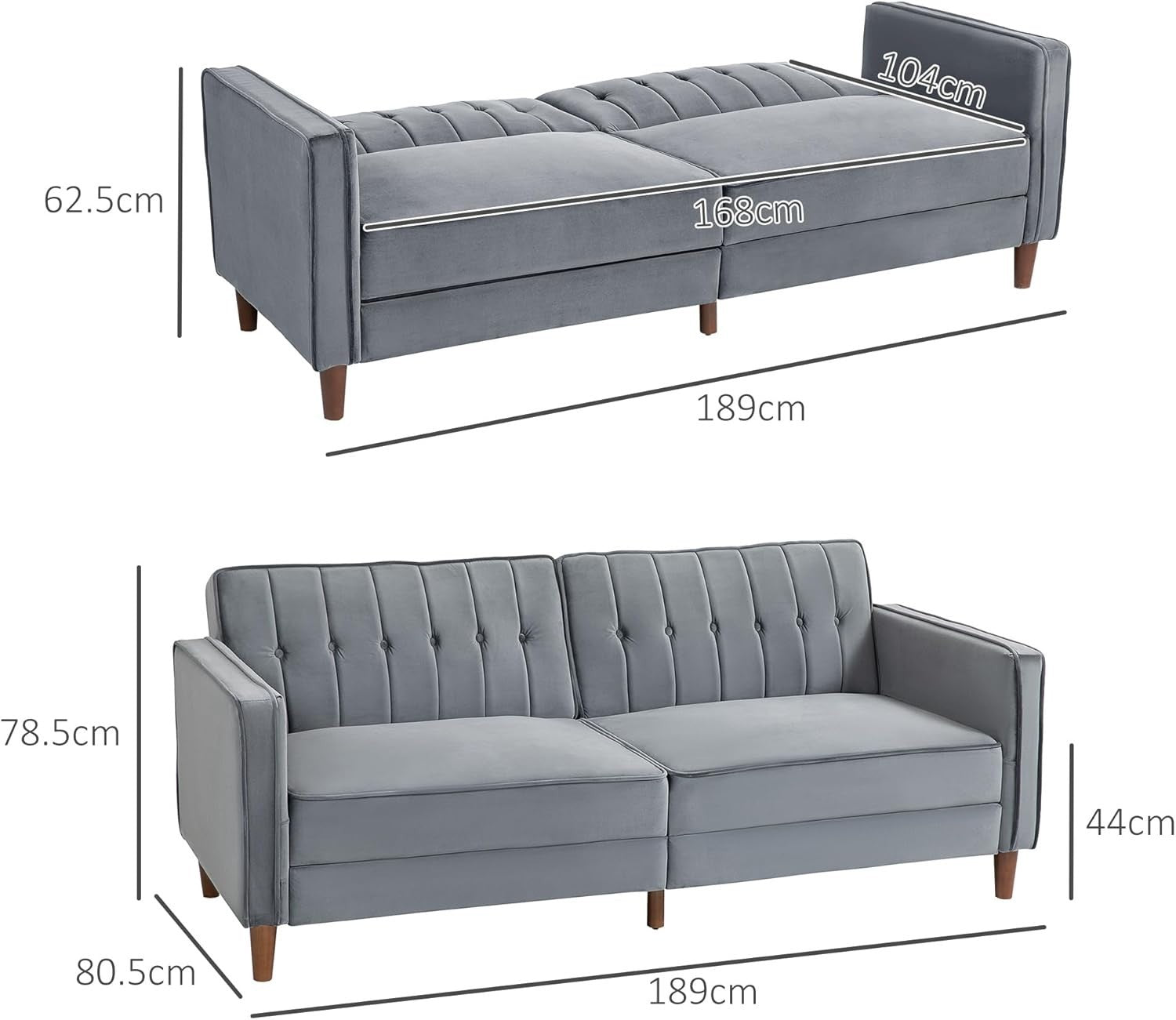 Dark Gray Velvet 3 Seater Sofa Bed Click Clack Recliner Couch Guest Sleeper