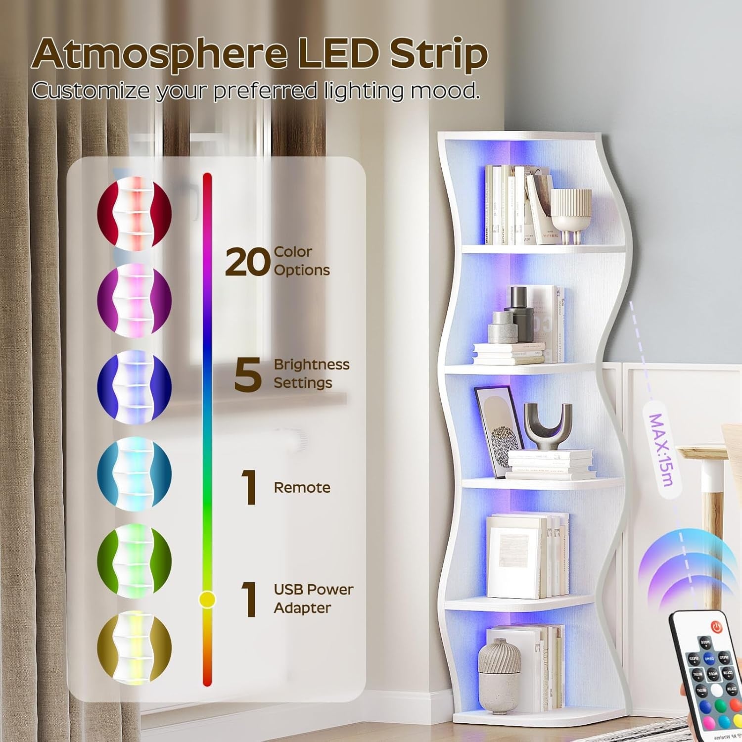 Corner LED Bookshelf White Zigzag 6-Tier Narrow Display Shelving Unit