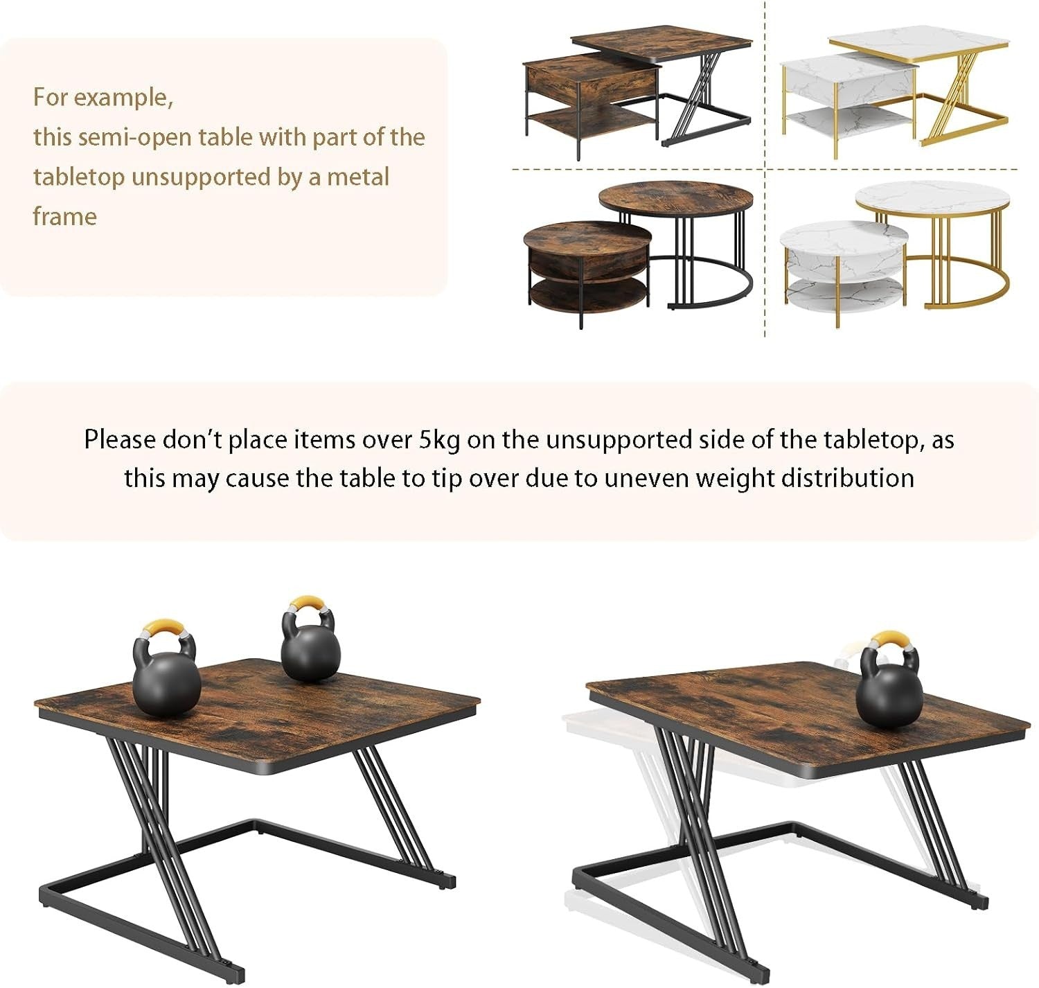 Square Nesting Coffee Table Set 2, Lift Top Storage, Walnut & Black, Space Savin