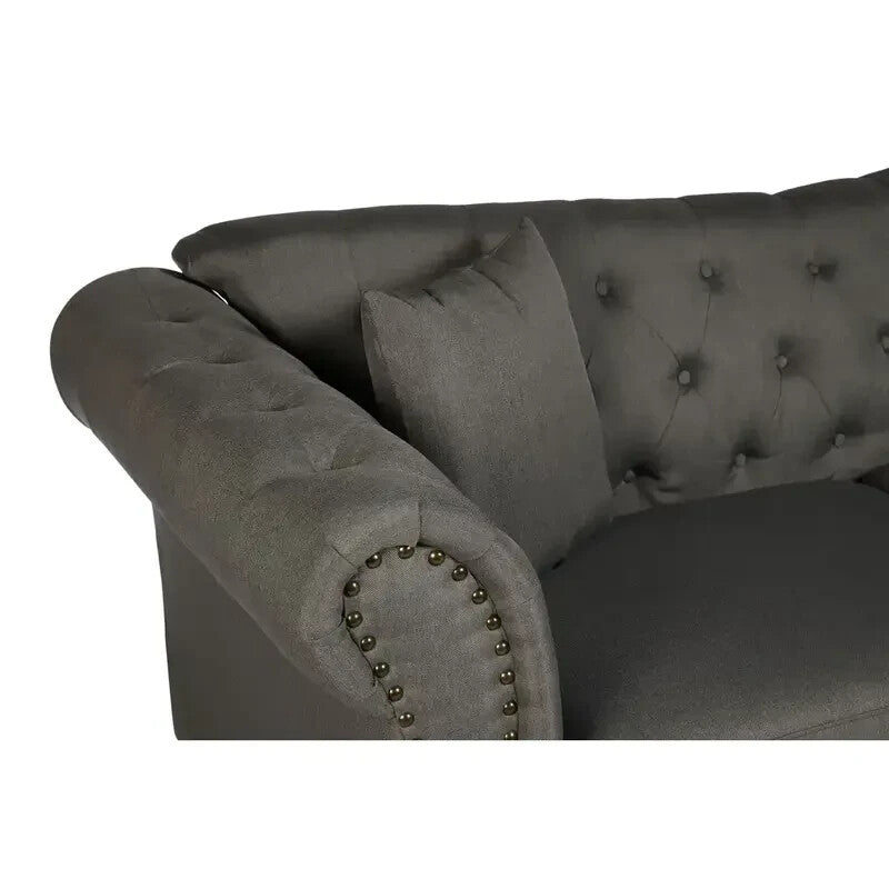 3 Seater Grey Chesterfield Sofa Deep Button Tufted Scroll Arm Fabric