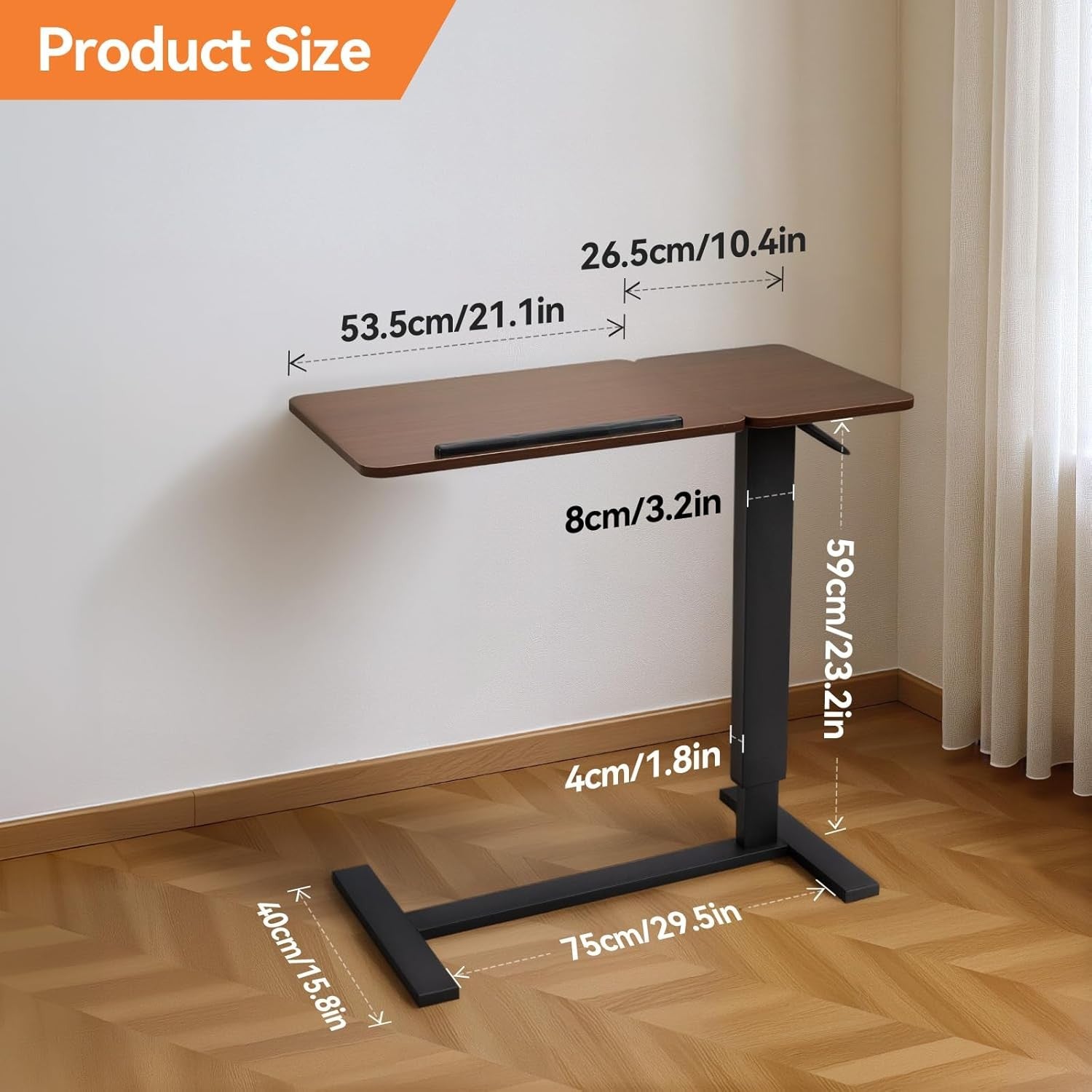 Overbed Laptop Table Height Adjustable Rolling Desk with Tilting Top 80x40cm