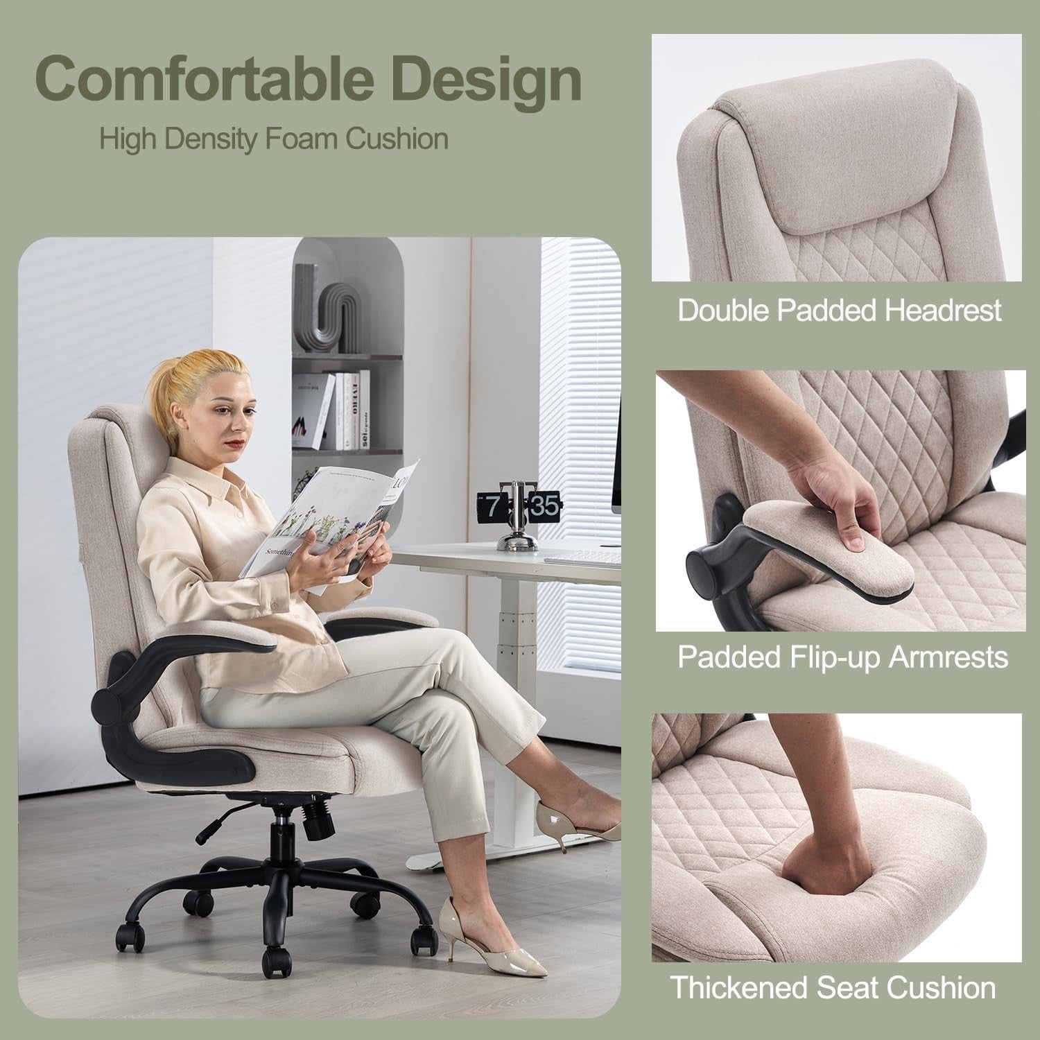 Ergonomic Office Chair Large Open Back Swivel Fabric Seat Adjustable Cream