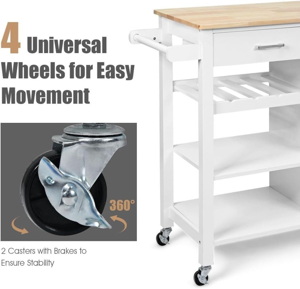 Rolling Kitchen Island Cart with Oak Countertop, Storage, Wine & Towel Rack