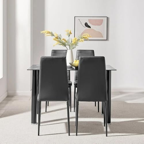 Black Glass Dining Table Set 120x70x75cm with 4 PU Leather Chairs