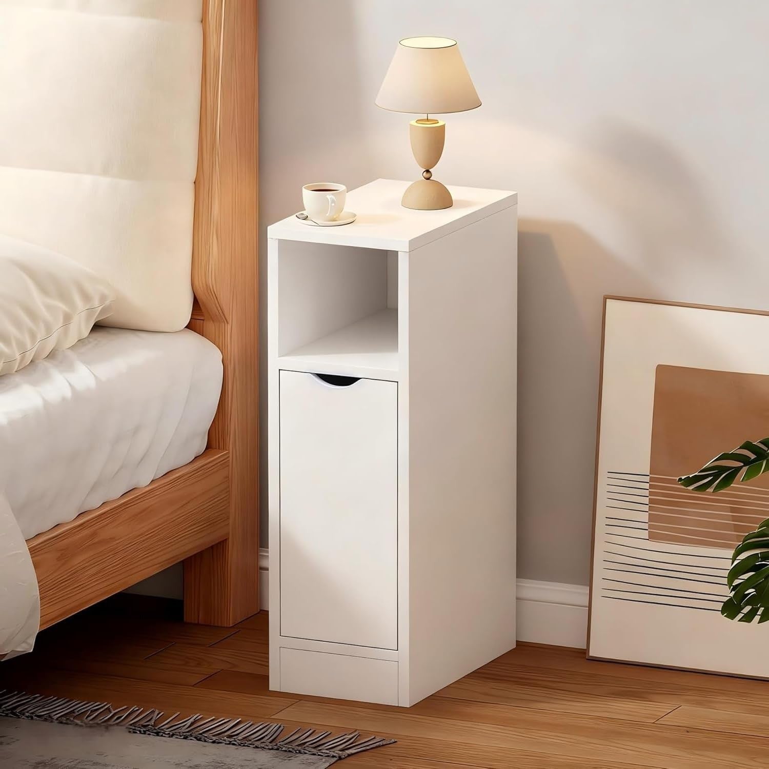Slim White Bedside Table with Door & Shelf, Narrow Nightstand for Small Spaces