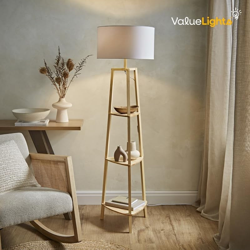 Wooden Floor Lamp with Shelves Grey Shade Storage Standing Light LED