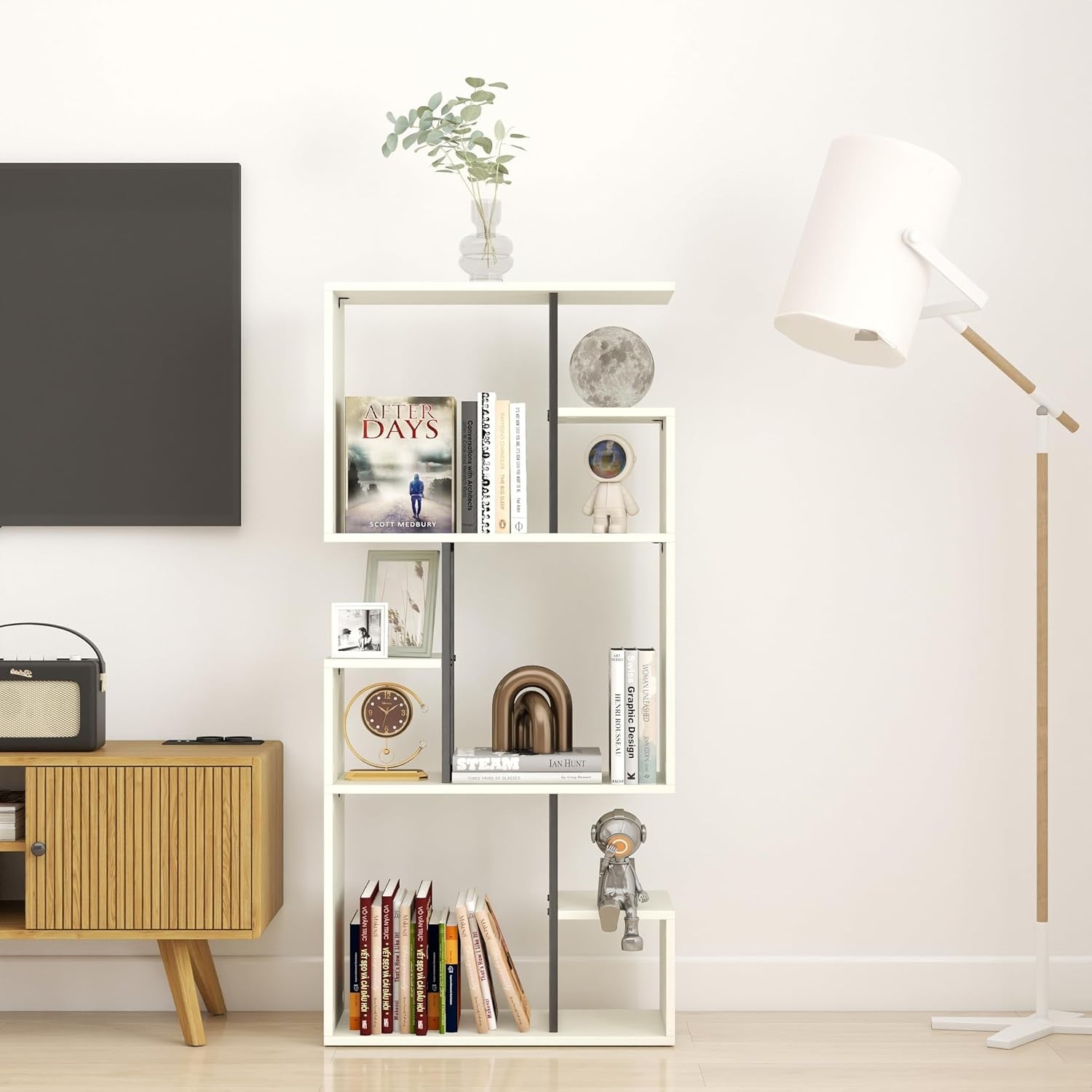 White 3-Tier Slim Bookcase Room Divider, Asymmetric Display Storage Shelf