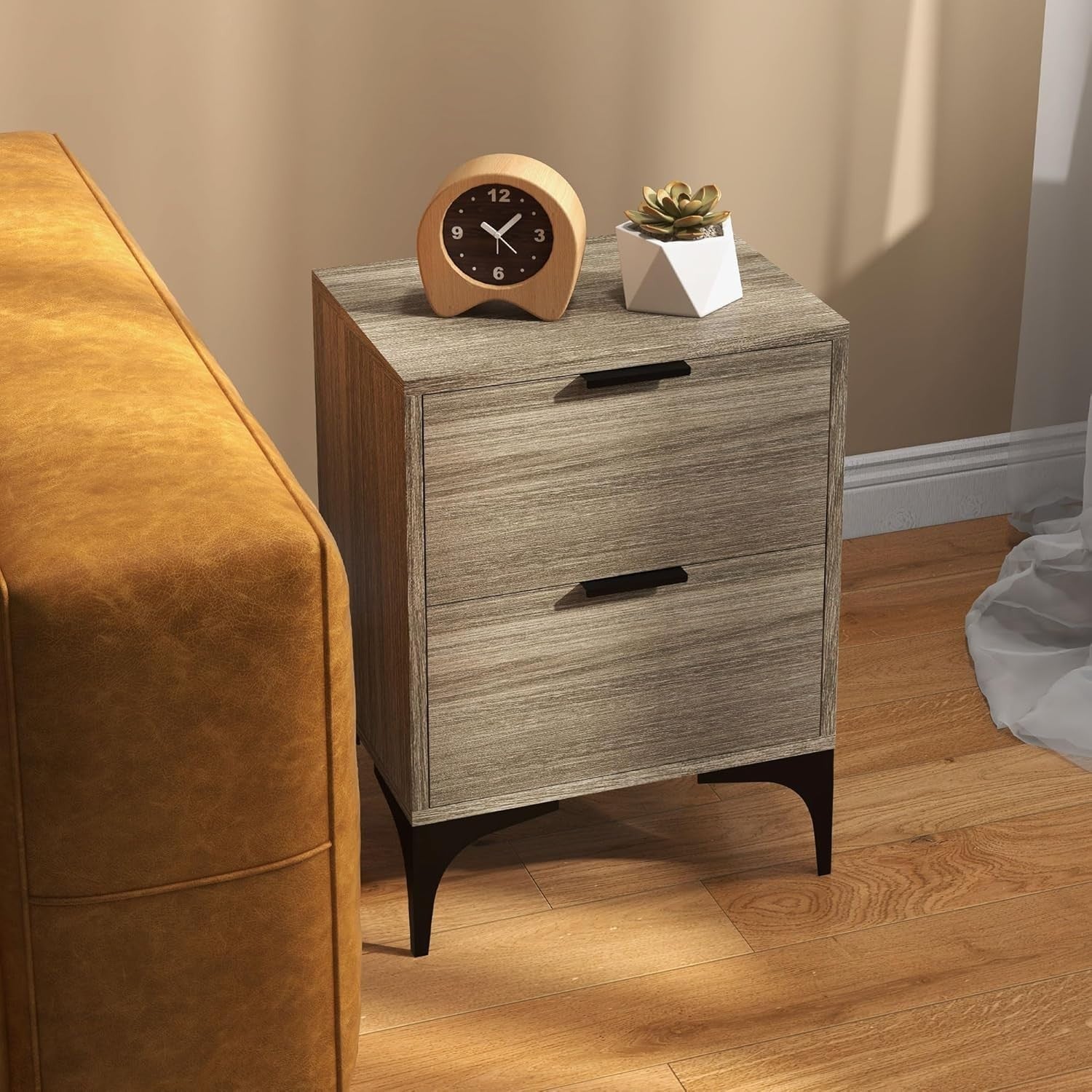 Set of 2 Modern Bedside Tables with 2 Drawers Grey Wood & Black Steel Legs
