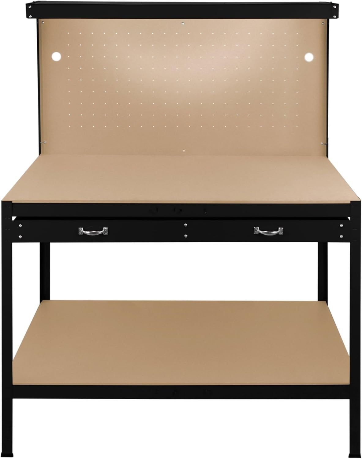 Black Garage Workbench Steel Pegboard Drawer LED Light 370kg Tool Station