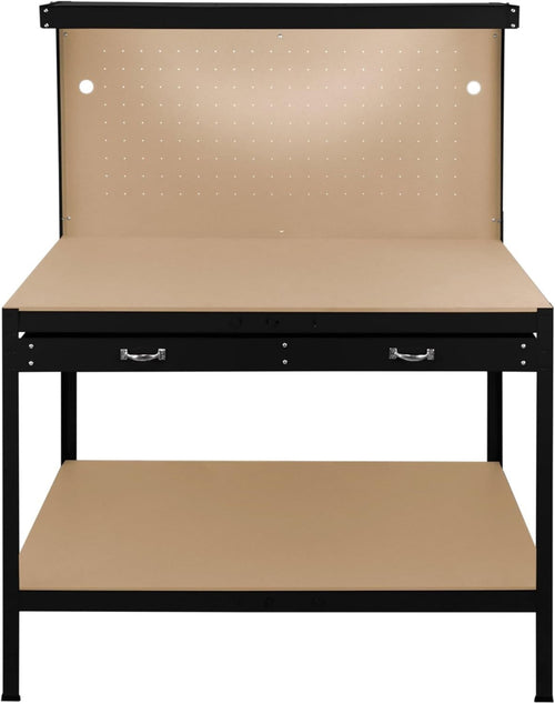 Black Garage Workbench Steel Pegboard Drawer LED Light 370kg Tool Station