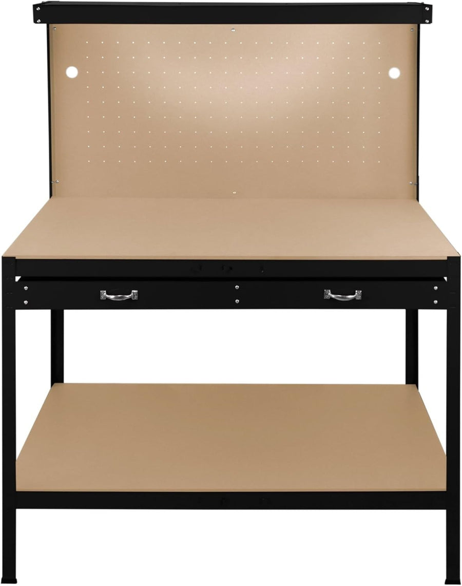Black Garage Workbench Steel Pegboard Drawer LED Light 370kg Tool Station