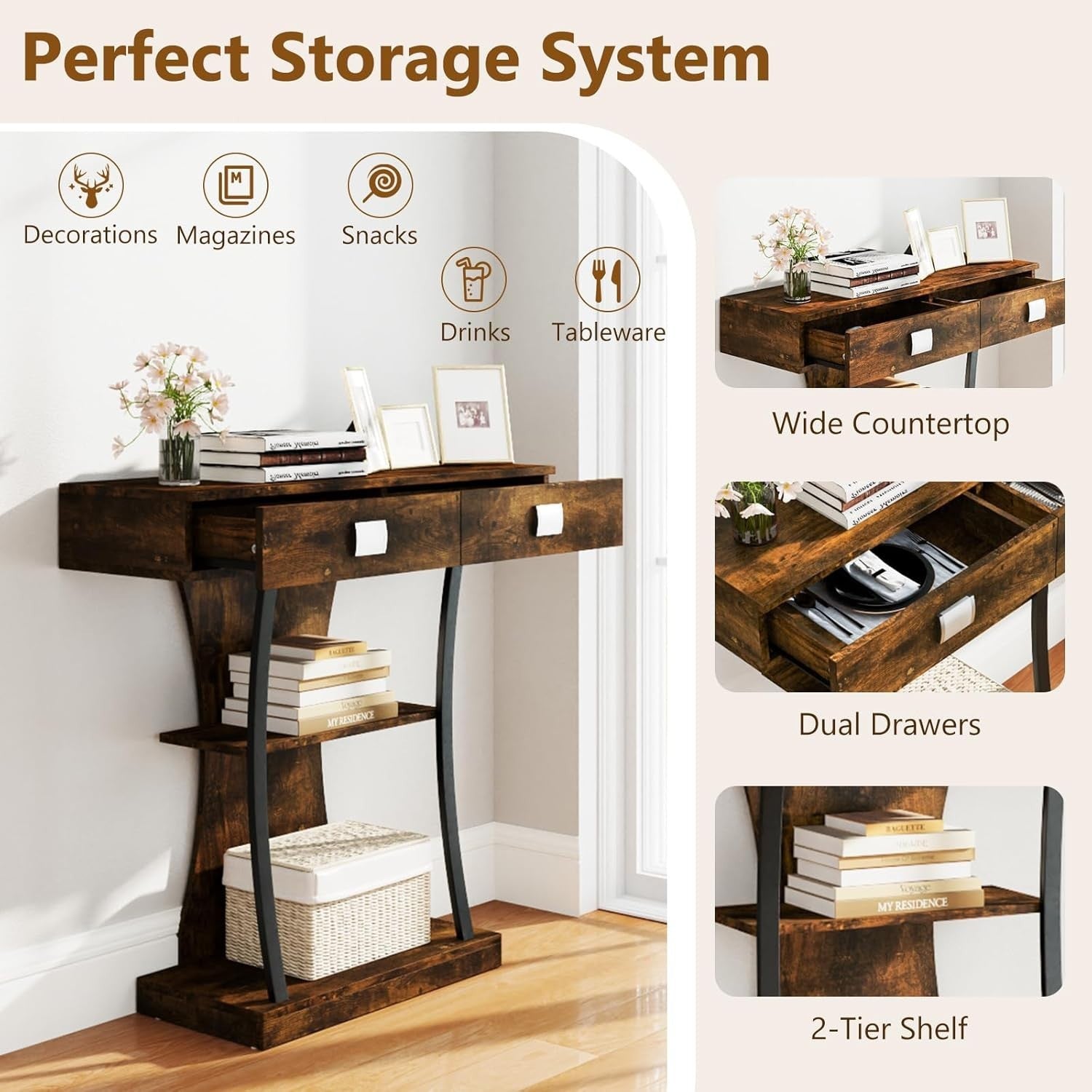 Narrow Rustic Brown Console Table with 2 Drawers & Storage Shelves