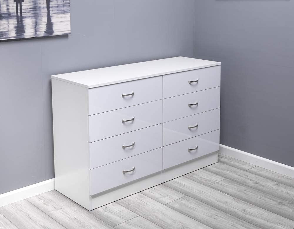 White Gloss 8 Drawer Chest Wide Storage Unit Bedroom Modern Cabinet