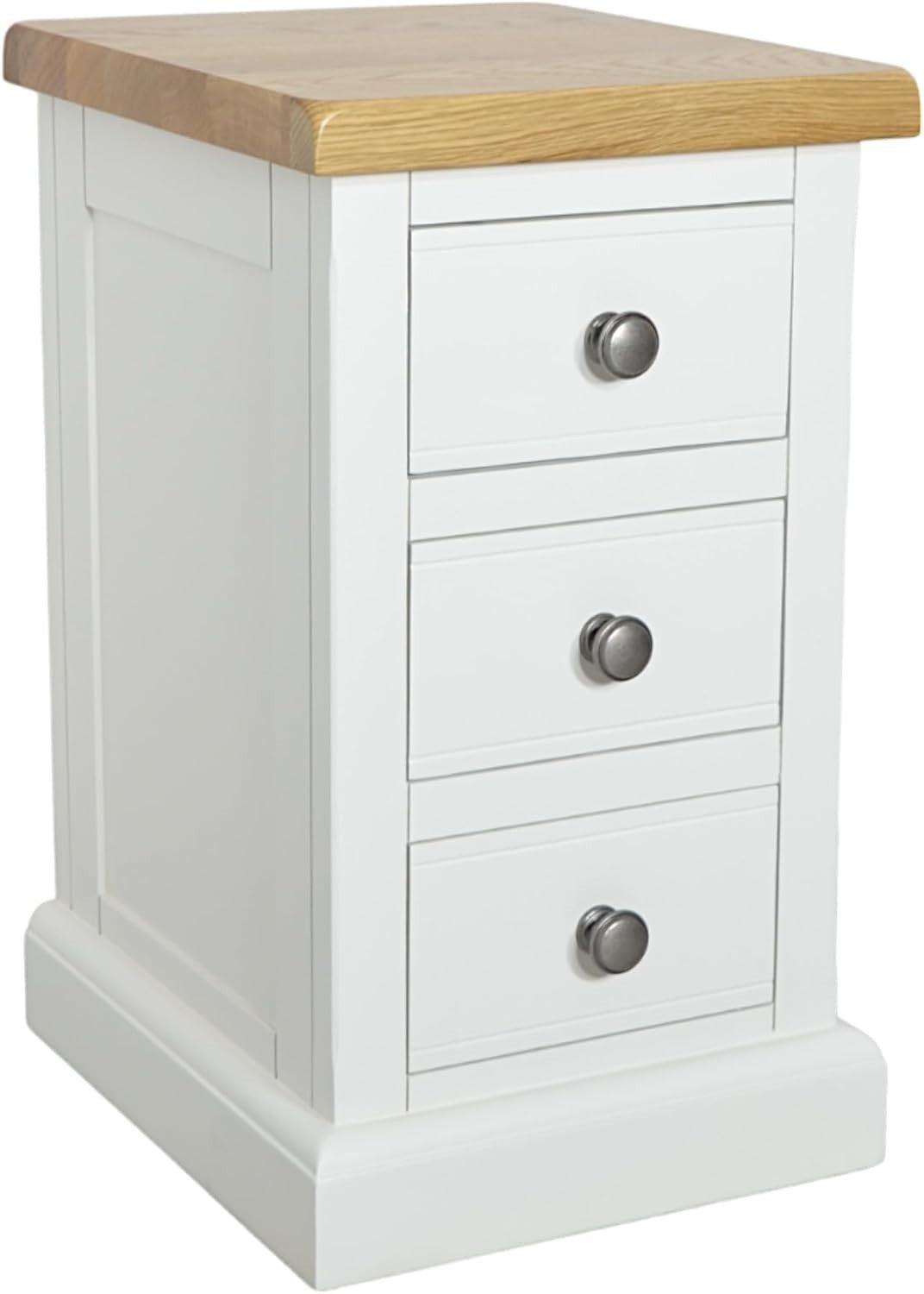 Painted White Bedside Table with 3 Drawers – Solid Wood Slim Oak Top