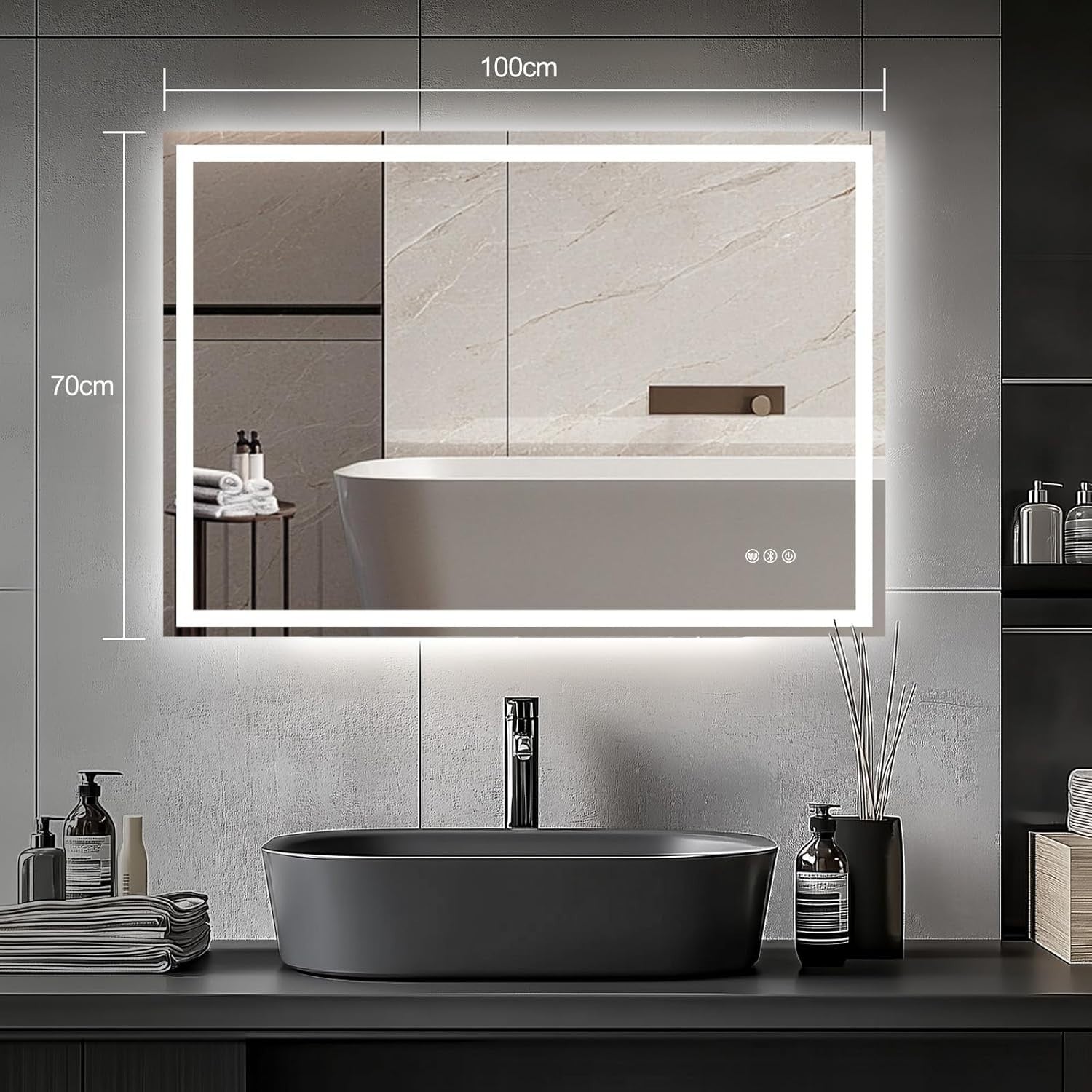 LED Bathroom Mirror 100x70cm Bluetooth Anti-Fog Lighted Touch IP54