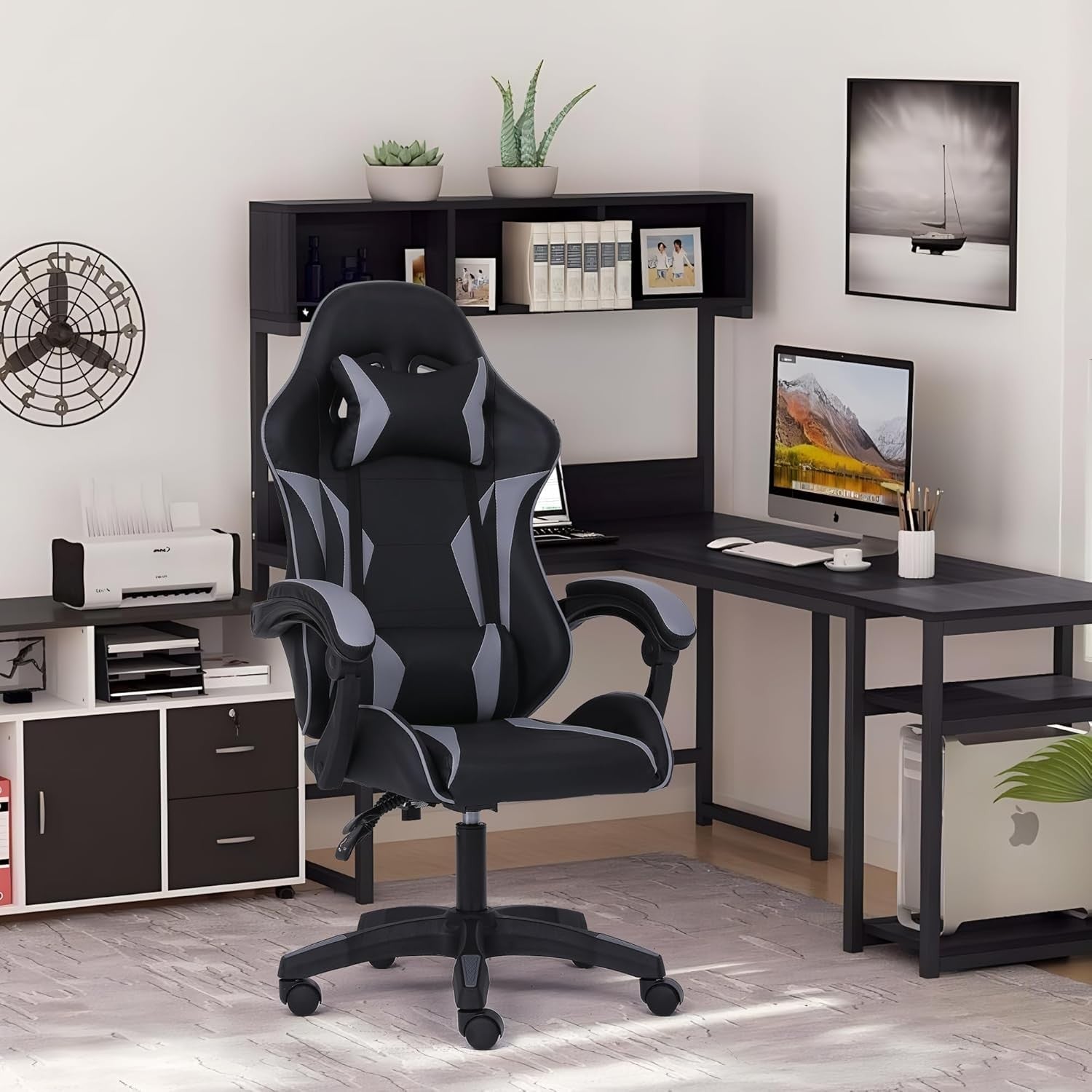 Ergonomic Gaming Chair w/ Lumbar Support Headrest Swivel Grey