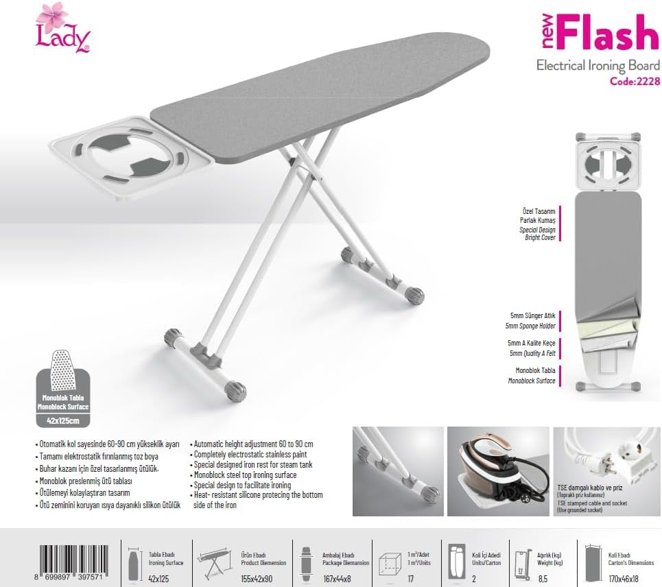 Electrical Ironing Board 125x42cm Height Adjustable Steam Ready Grey