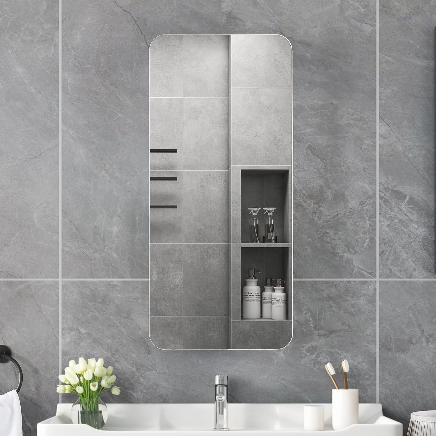 Wall Mounted Mirror Bathroom Cabinet 90cm with Storage Shelf & 3 Tiers