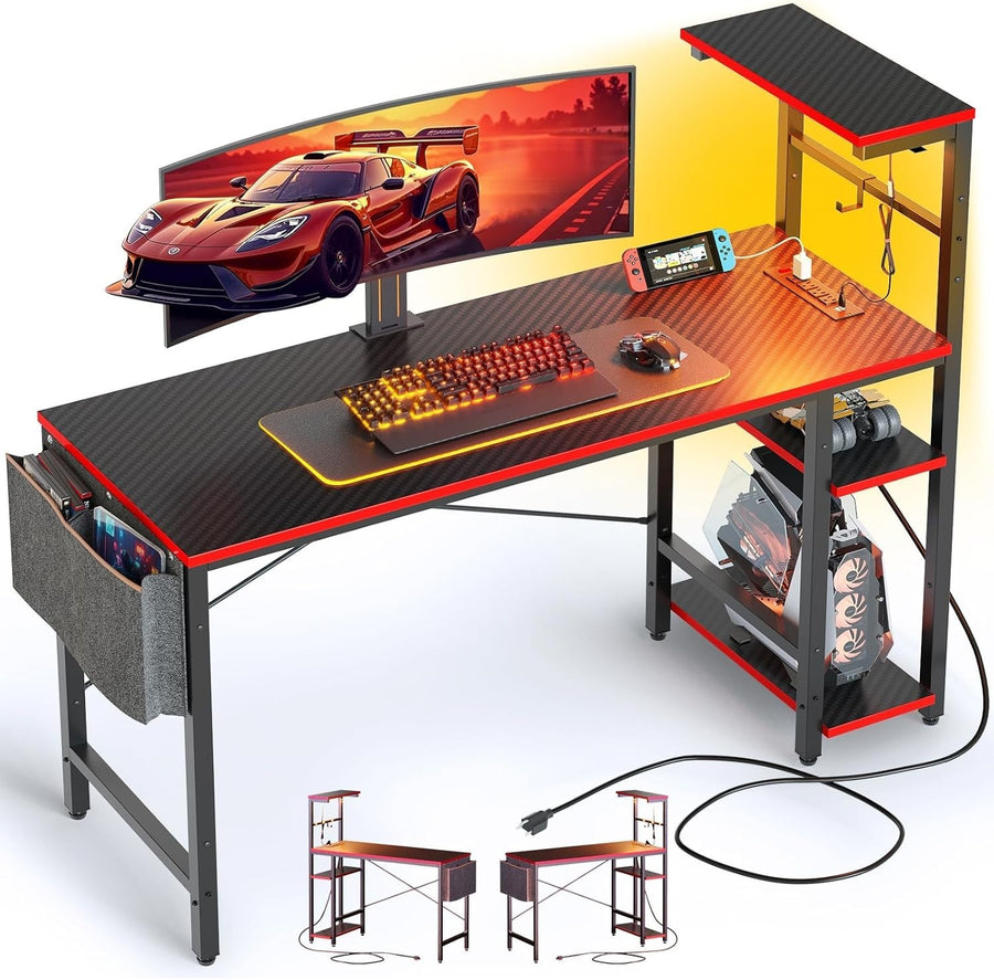 113cm Corner Computer Desk with LED Lights & Power Outlets