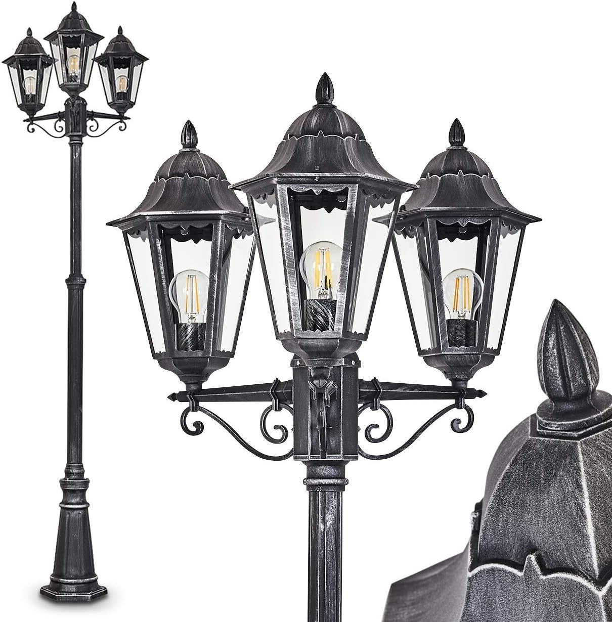 Lignac 245cm 3-Arm Vintage Outdoor Lamp Post Black Silver IP44