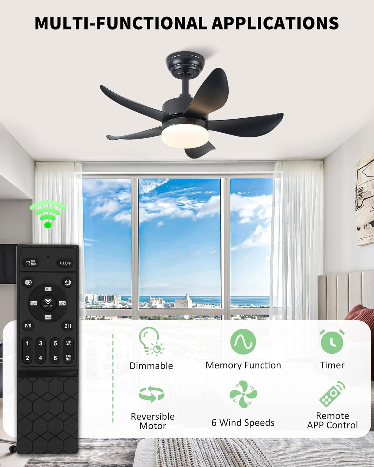 30" Ceiling Fan Light, 6 Speeds, Dimmable LED, Reversible, Quiet Remote Control