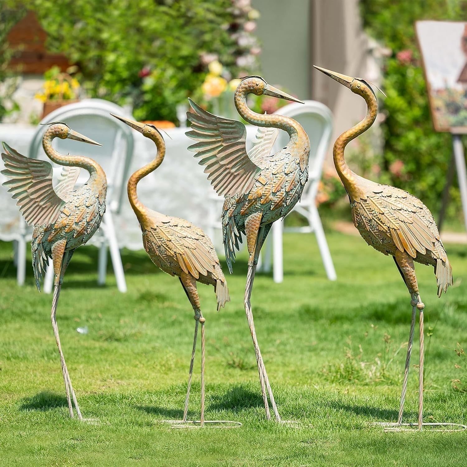 Metal Crane Garden Statues Pair 26in Gold Heron Sculptures Outdoor Yard Decor