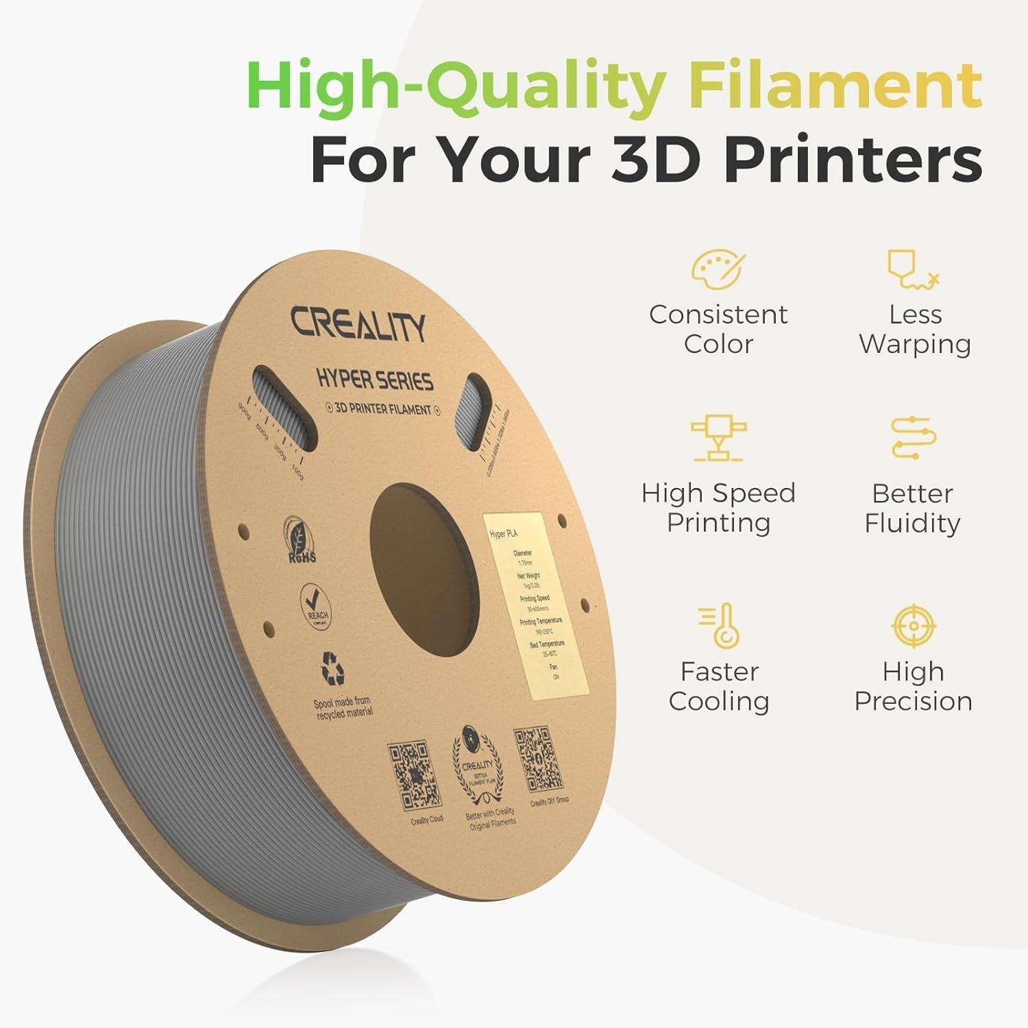 Hyper PLA Filament Gray 4KG High Speed 600mm/s 1.75mm ±0.03mm