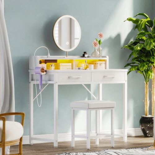 Vanity Dressing Table Desk w/ LED Lights Power Outlet Storage & Stool White