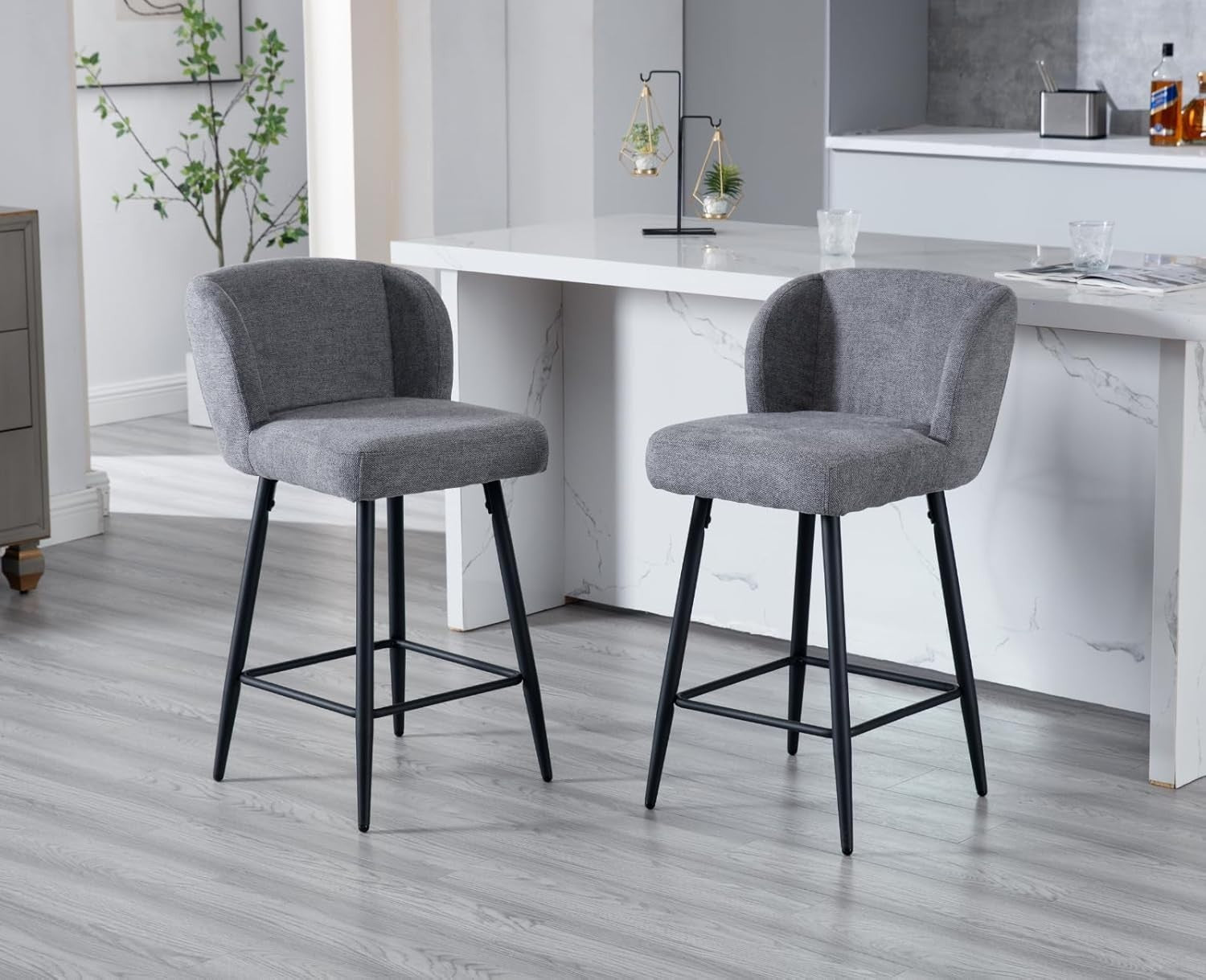 Grey Linen Bar Stool Set 2 – Upholstered High Counter Kitchen Chairs