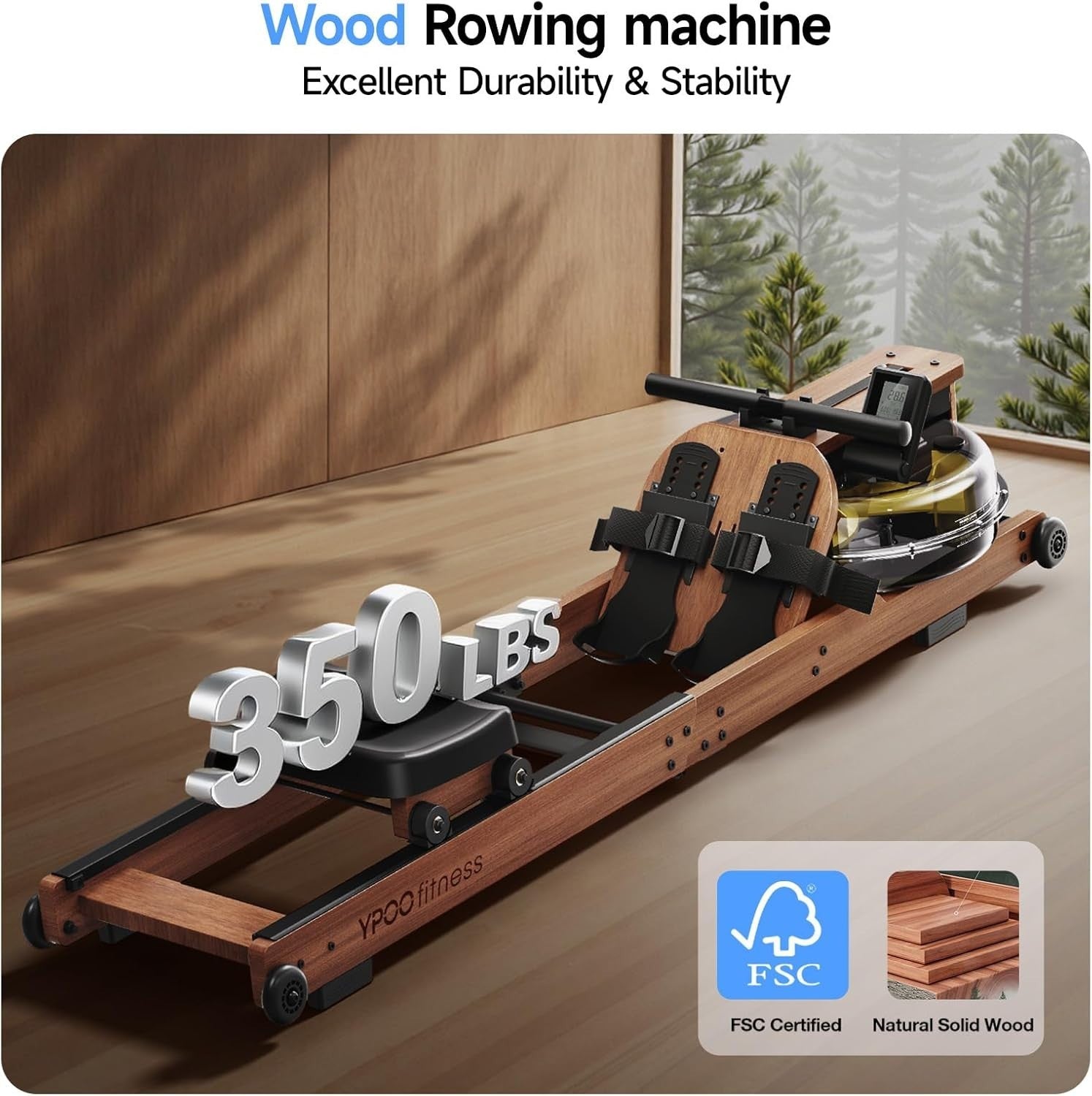 Foldable Water Rowing Machine Solid Wood Smooth Rail Adjustable Resistance Home