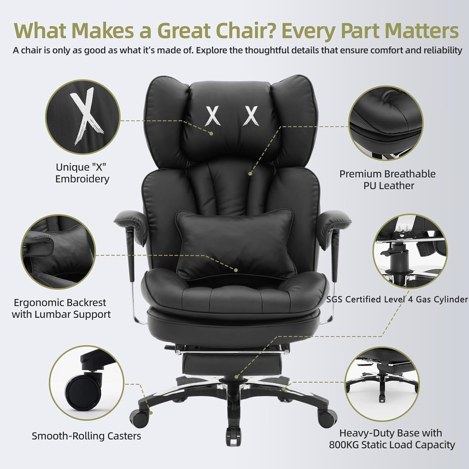 Big & Tall Gaming Office Chair 200kg Reclining w/ Footrest Black