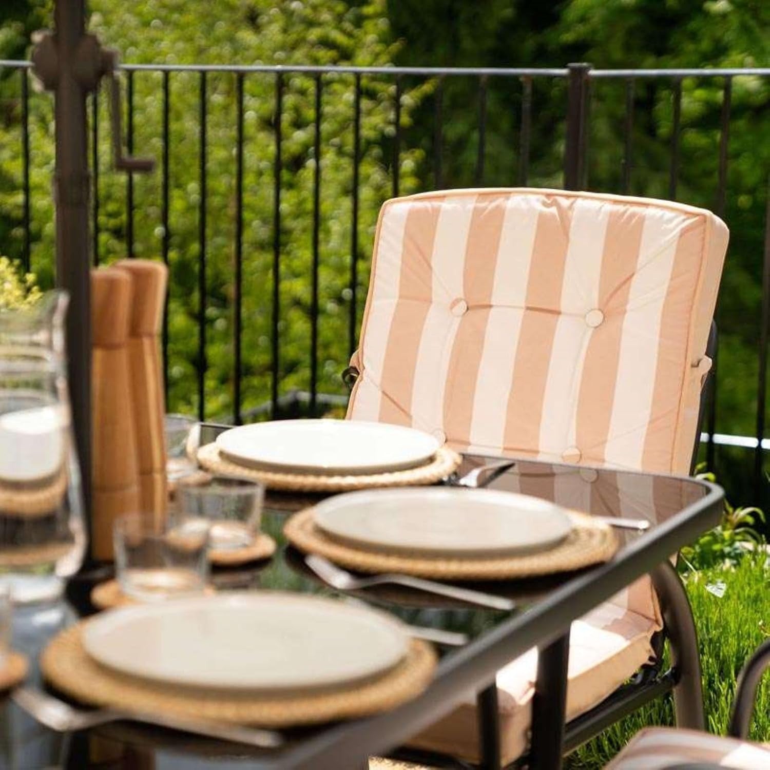 6 Seater Garden Table Set w/ Parasol Outdoor Patio Dining Furniture Beige