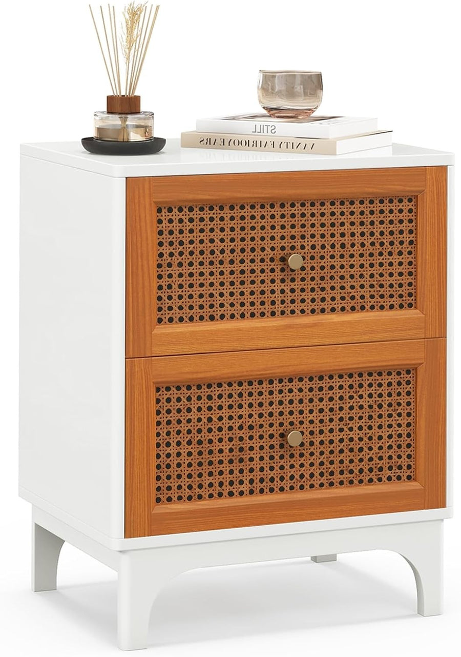 Rattan Bedside Table with Storage Drawers – Modern Wooden Nightstand 46×33×60cm
