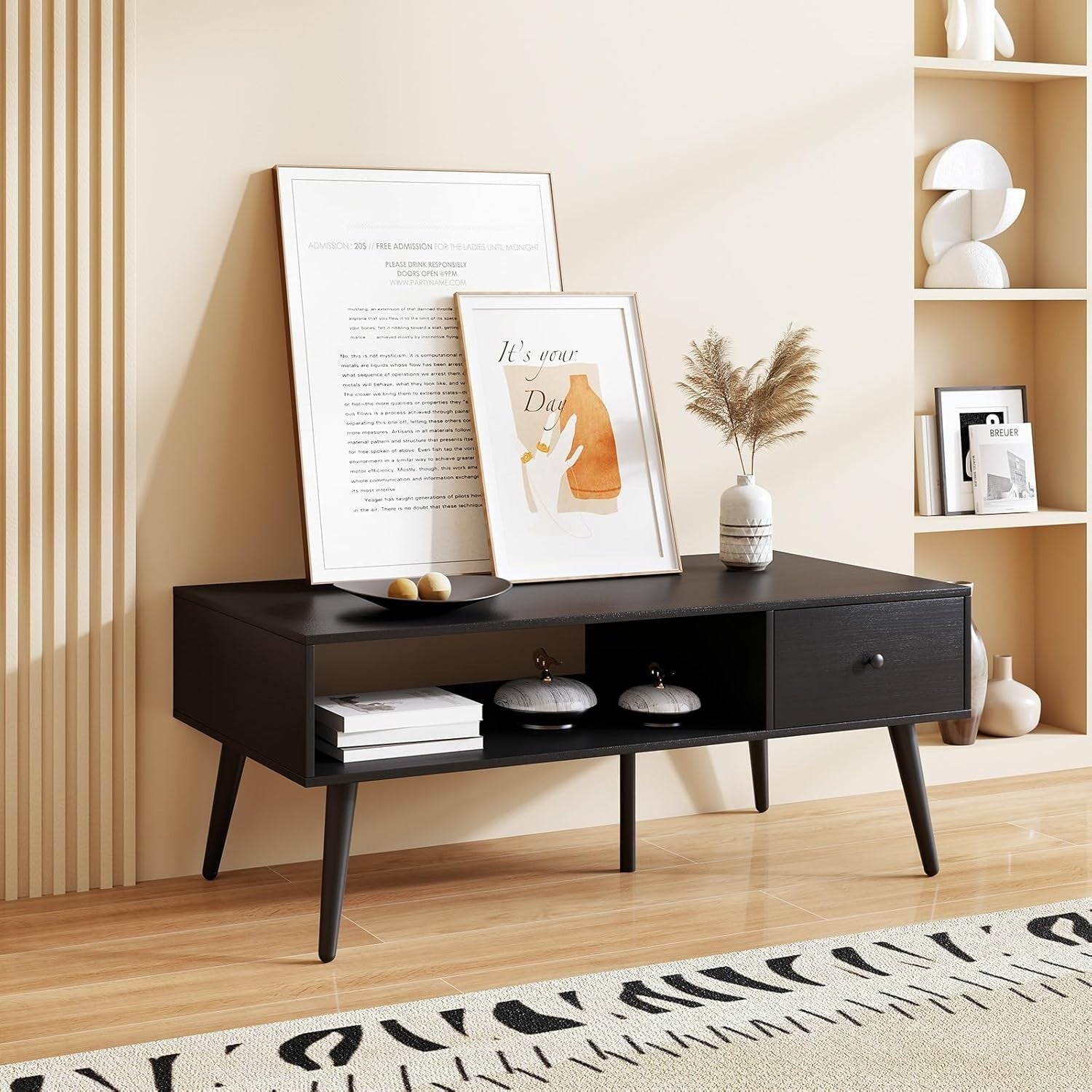 Rectangular Coffee Table with Drawer & Storage Shelf – 109x55x42 cm Black