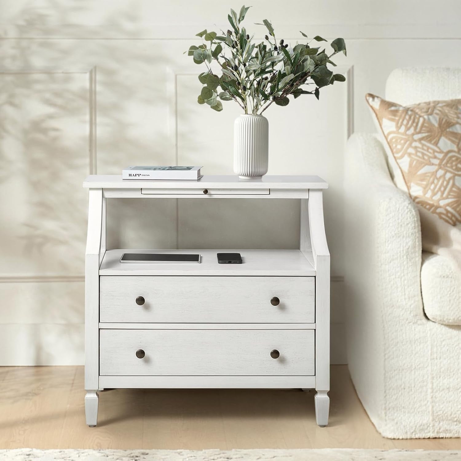 White Modern Bedside Table with 2 Drawers & Shelf, Solid Wood Legs