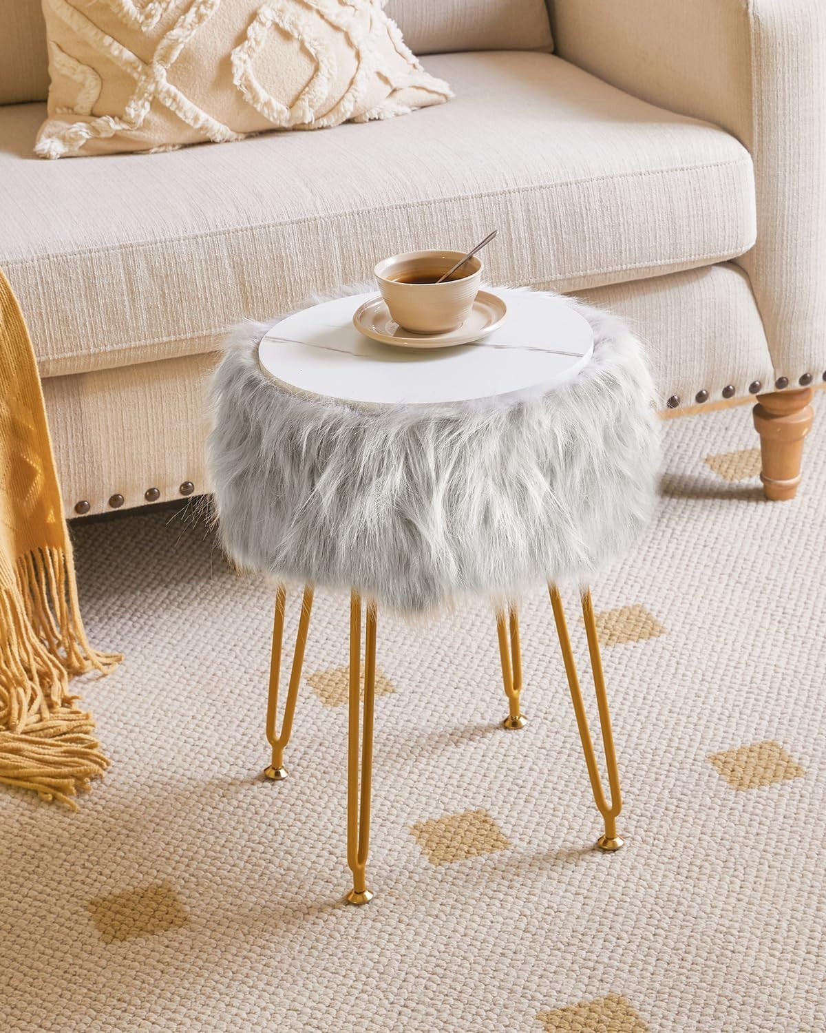 Grey Faux Fur Round Vanity Stool with Storage – Soft Ottoman Seat & Metal Legs
