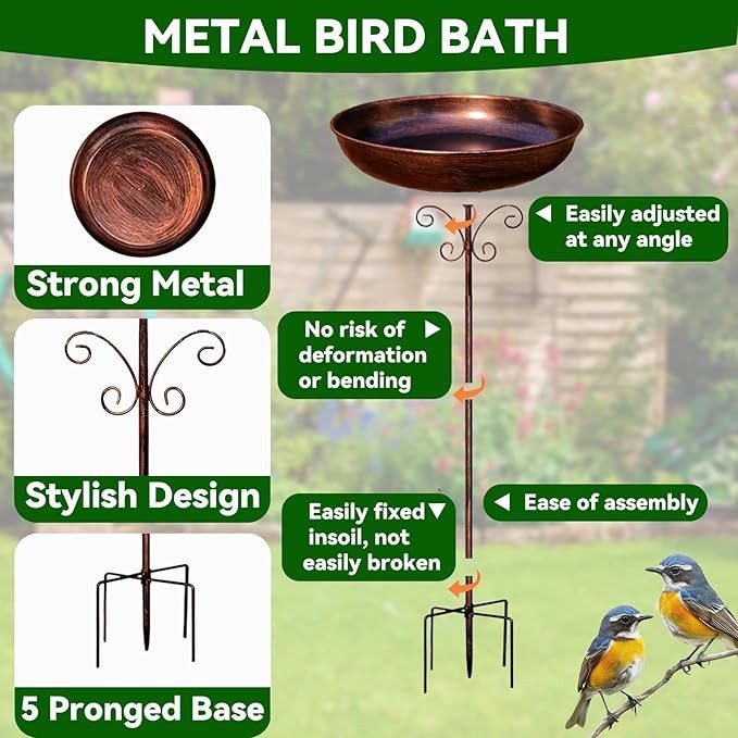 Vintage Metal Bird Bath Bowl – Outdoor Garden Feeder with 5-Prong Base